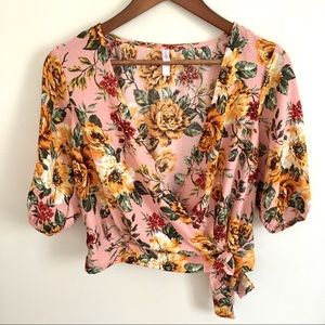 Xhilaration Pink Floral Faux-Wrap Tie Waist Top